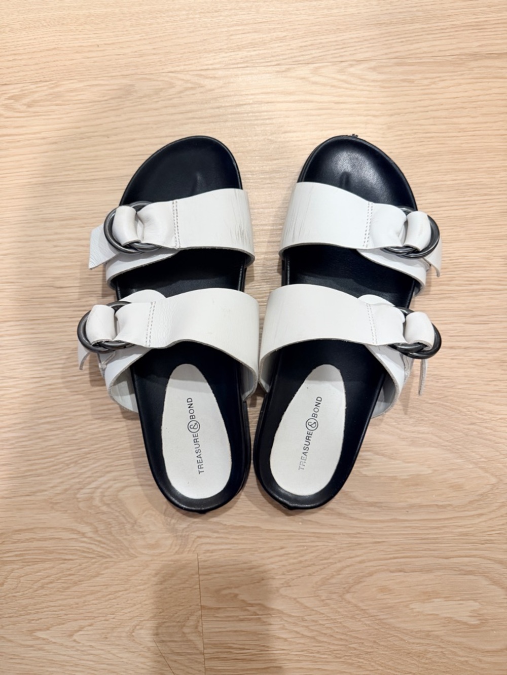 Treasure & Bond White Double-Buckle Slide Sandals with Black Footbed